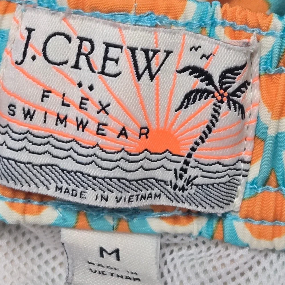 J Crew Flex Swim Trunks Men's M Blue Orange Geometric Print Mesh Lined Shorts
